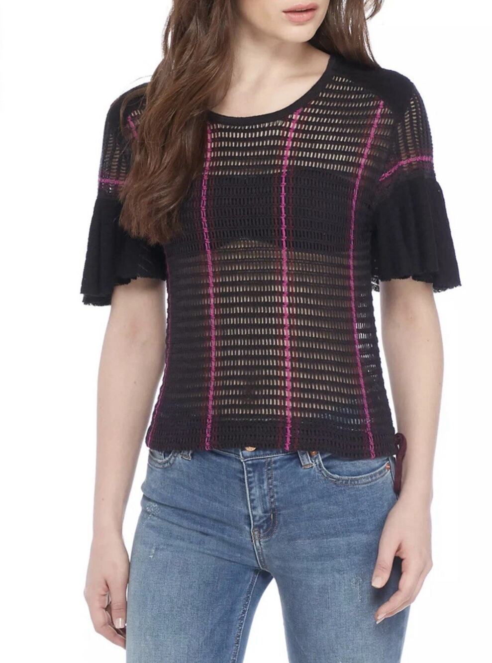 Free People Babes Only Black Purple Striped Open Knit Sweater Size M Boho Y2K